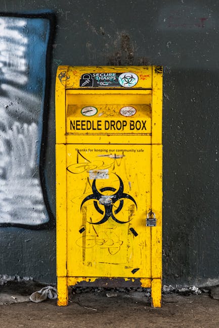 A tall, yellow needle drop box with a rectangular shape, placed against a dark grey concrete wall. The box has a hinged lid at the top, secured with a small padlock on the right side, and features a l